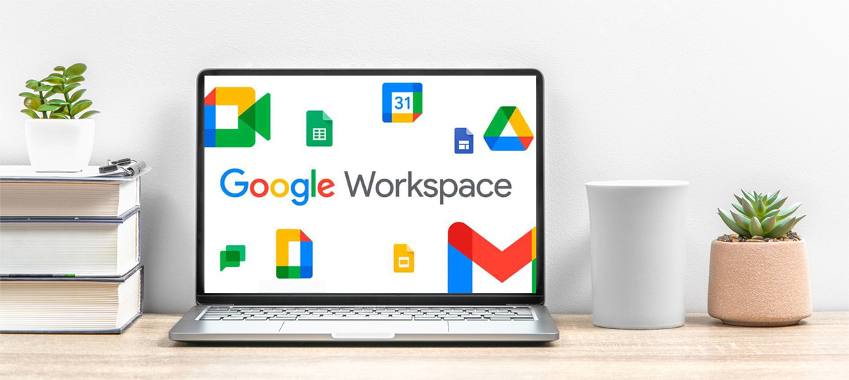Laptop with Google Workspace app icons displayed