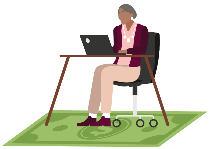 An illustration of a woman working at her desk over a rug that looks like a 0 dollar bill.