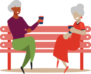 Illustration of two women sitting on a bench drinking warm beverages.