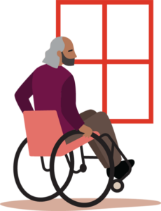Illustration of a man in a wheelchair looking out a window.