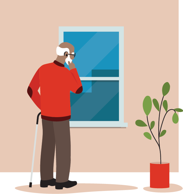 Graphic of an older man peering out a window.
