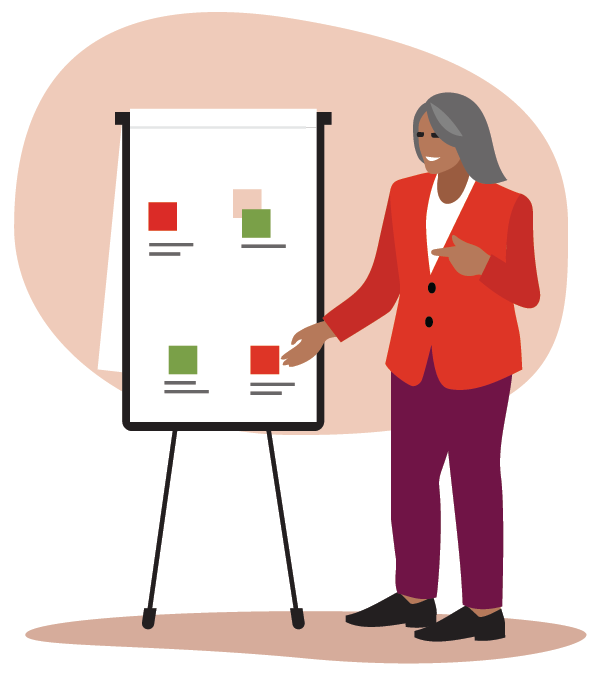 An illustration of a woman pointing at diagrams on a white board