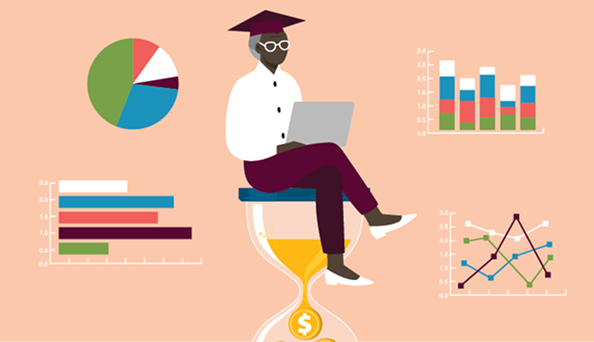 Illustration of a Black female student in graduation cap working on laptop while sitting on hourglass with dollar sign, surrounded by data charts