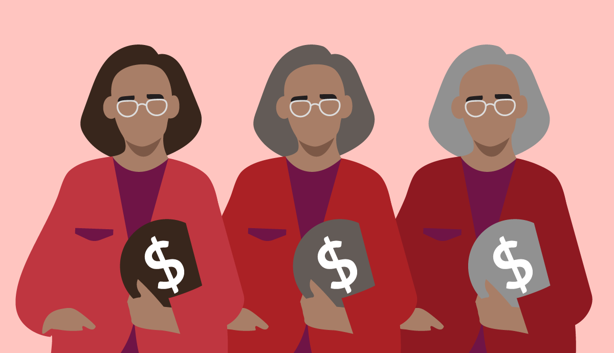 Illustration of three women wearing red sweaters holding large coins